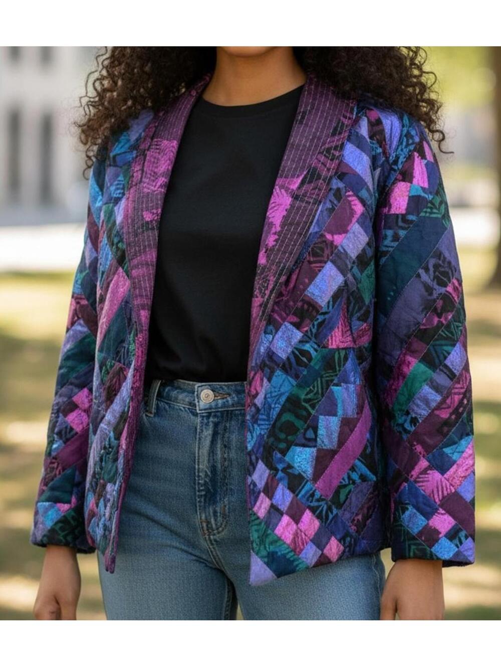 Vintage 80s or 90s Jewel Tone Patchwork Quilted Open Front Womens Jacket - L
